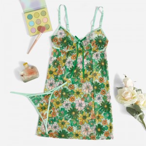 Mùa xuân in hoa cami cà vạtnơ phía trước trượt với sexy tương phản thong